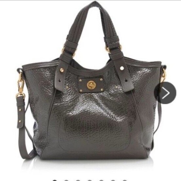 Marc By Marc Jacobs Turnlock Shine Fran XL Tote Bag Patent Gray Leather Brown - Picture 1 of 12